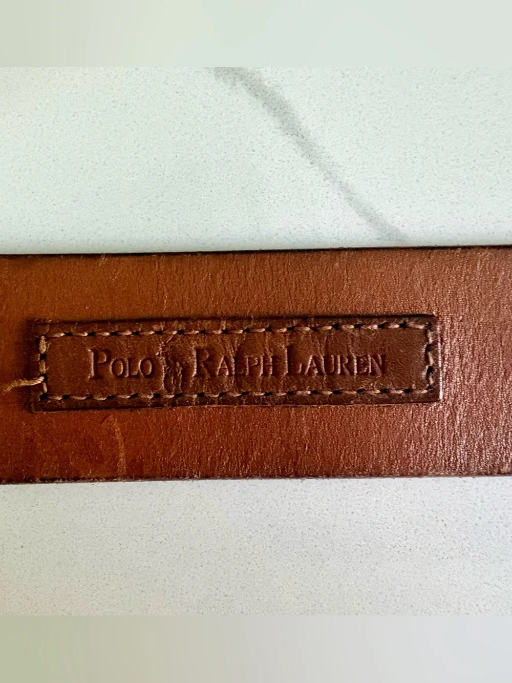 Polo Ralph Lauren Men's Brown Saddle Leather Belt Silver Buckle Logo Patch Sze34